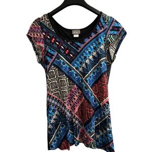 Vintage Dots Y2K Top Womens L Mixed Dark‎ Geometric Fitted Black Sheer Mesh Back